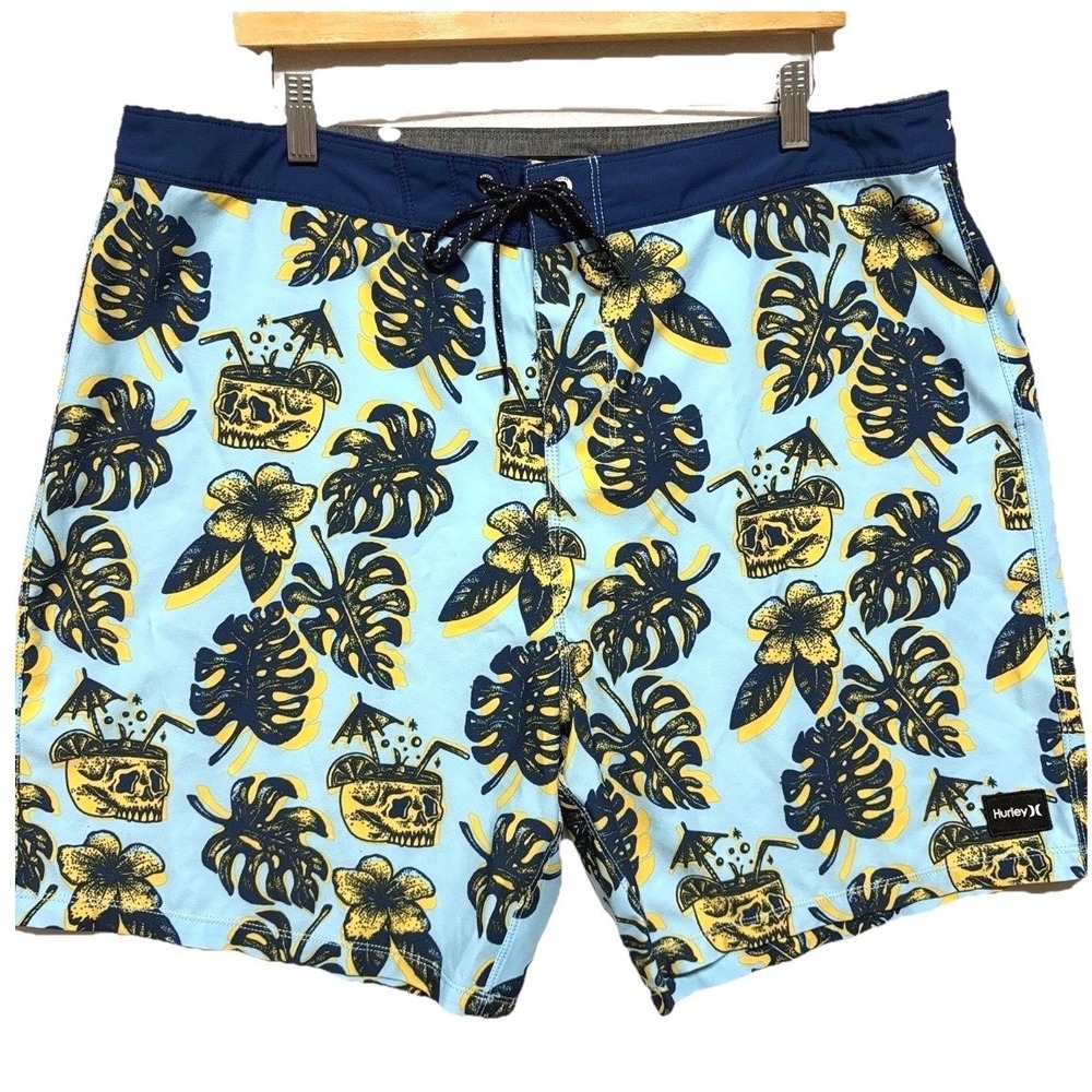Hurley Phantom Board Shorts Swim Blue Tropical Palm Leaf Skull Quick Dry Mens 38